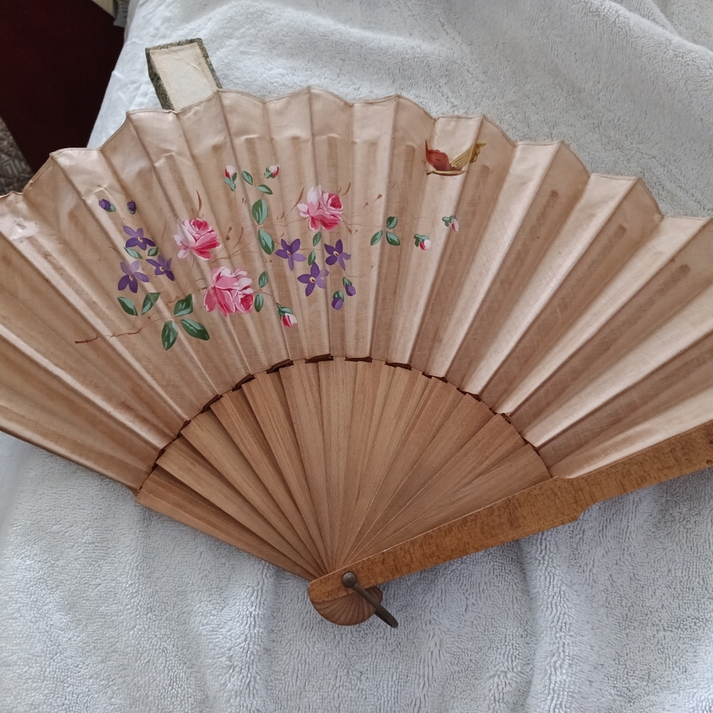 Vintage French Hand-Painted Decorative Fan with Floral Design